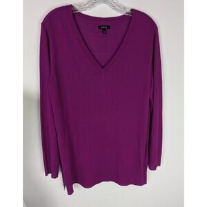 Apt 9 Deep Magenta/Plum V-Neck Tunic Sweater Split Hem Large fine knit EUC